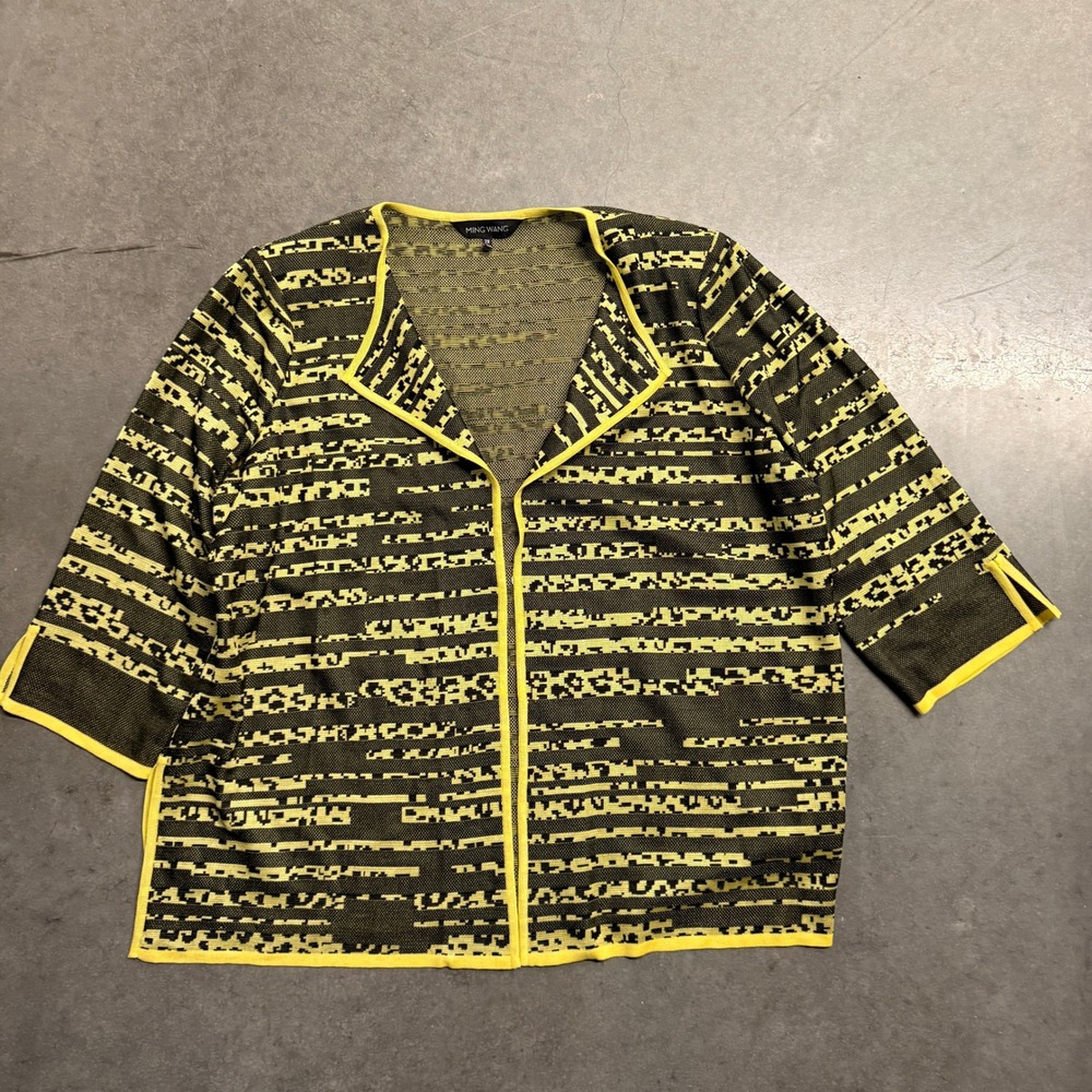 Ming Wang Yellow Black Abstract Knit Jacket Open Front Cardigan Plus Size 2X